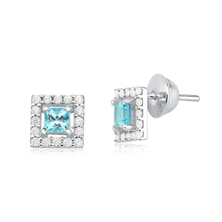 Brinco Feminino de Prata 925 Carrê Topázio Azul com Zircônias em Oferta na Shopee