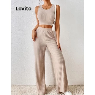 Lovito Conjuntos casuais de calças de malha canelada lisa para mulheres LNL54039