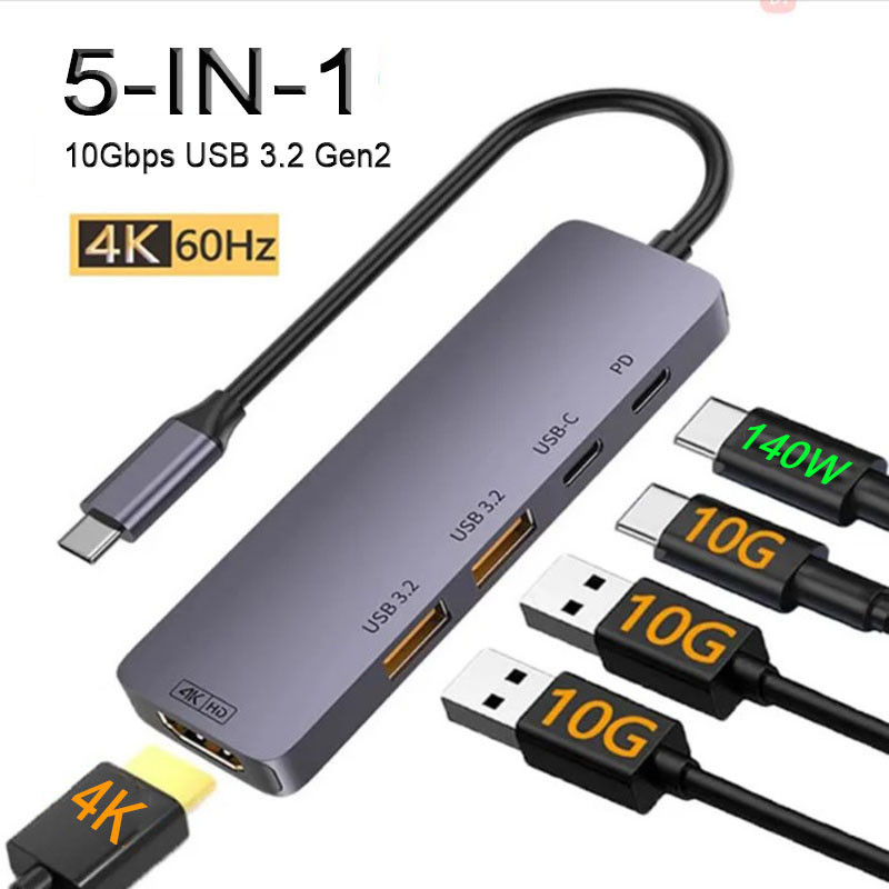 5 Em 1 USB C 3.2 HUB 10Gbps Tipo Para HDMI-Compatível 4K PD 140W A GEN ...