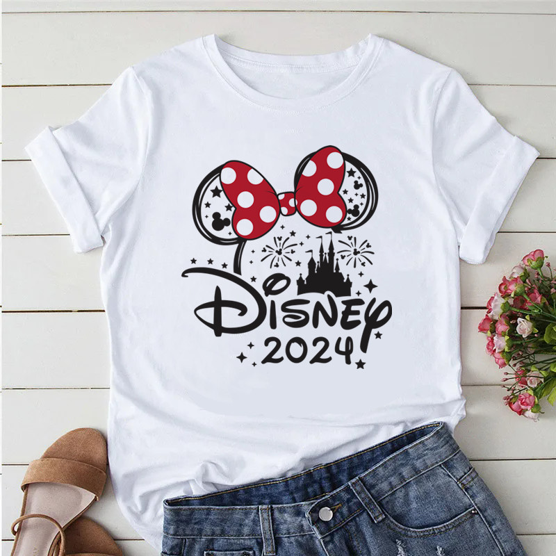 Camiseta Summer Y2k Mulher Disney 2024 Vestuário Feminino Impresso Manga Curta Tês Brancos