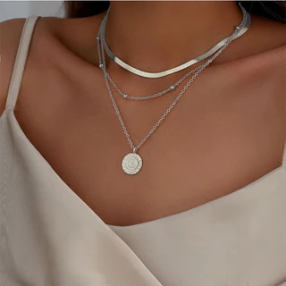 1 pingente de disco de corrente de cobra plana colar feminino de três camadas joias femininas