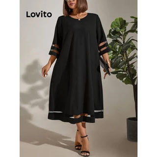 Lovito Vestido plus size curvo casual de malha lisa e contrastante para mulheres LNL68306