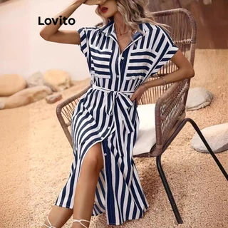Lovito Vestido casual listrado com botão frontal e cinto para mulheres LNL72443