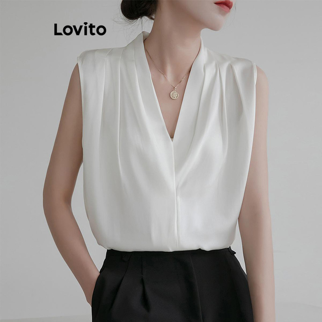 Lovito Regata elegante plissada lisa para mulheres LNE53090