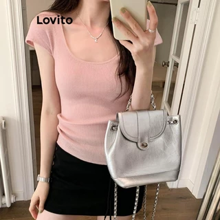 Lovito Top casual de malha básica lisa para mulheres LNM75358