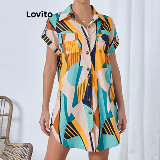 Lovito Vestido casual de bolso com botão geométrico para mulheres LBL16411