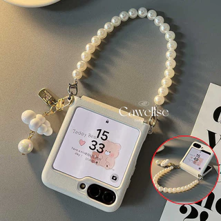 Luxo Couro Do Plutônio Telefone Embalagem Samsung Galaxy 6 Z Flip 5 4 Caso Com Nuvem Pérola Pulseira Fino À Prova De Choque Capa Traseira Flip6 Flip5