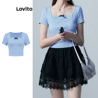 Lovito Camiseta lisa com laço frontal para mulheres L102AD134