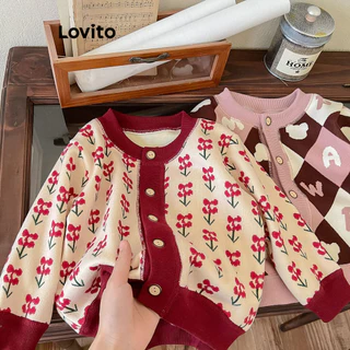 Lovito Suéter elegante com botões florais jacquard e blocos de cores LNA80023
