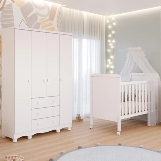 Quarto Bebê Completo Berço Americano 2 em 1 Cloe Guarda Roupas 4 Portas 3 Gavetas Junior 100% MDF em Oferta na Shopee