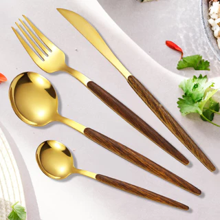 Kit 24 Peças Aço Inoxidável 430 Jogo De Talheres Ouro Negro Alças De Madeira *-* zapstoreshop*-*