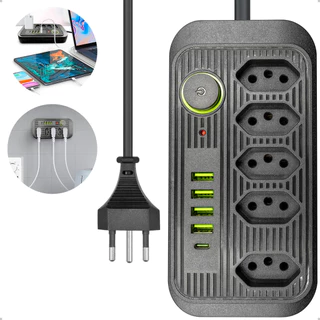 Extensão Filtro De Linha Segurança 5 Tomadas 4 Usb E Usb tipo C com cabo de 2m Bivolt