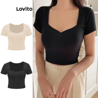 Lovito Casual Lisa Camiseta Feminina com Gola Quadrada L62ED036 (Damasco/Preta)