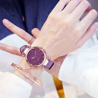 Novo Relógio de Quartzo Ladies Quartz Watch Starry Sky Relógio de Superfície Rosa Prata Relógio de Quartzo Frosted Belt