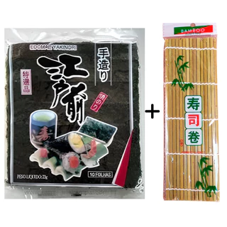 Kit Alga Marinha Nori Edomae 10 folhas e 1 Esteira Bambu para Sushi Sudare