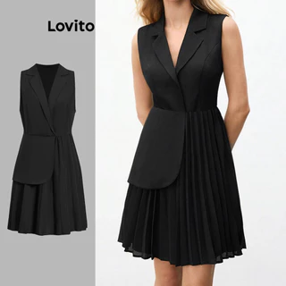 Lovito Vestido plissado assimétrico simples elegante para mulheres L99ED948