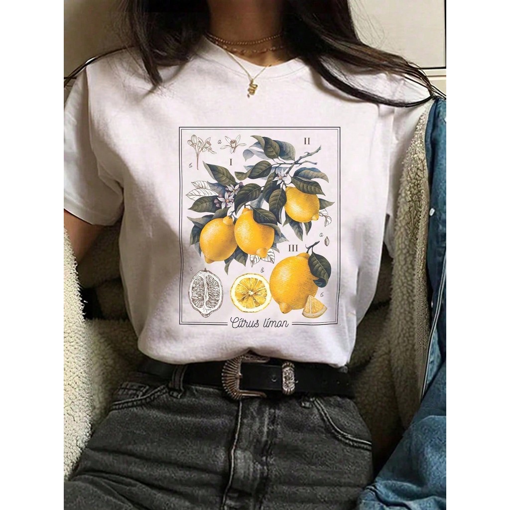 Camiseta Feminina Oversized Estampada Folhagem Limão
