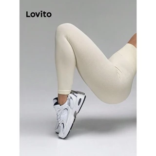 Lovito Legging esportiva esportiva de malha canelada lisa para mulheres LNL72220