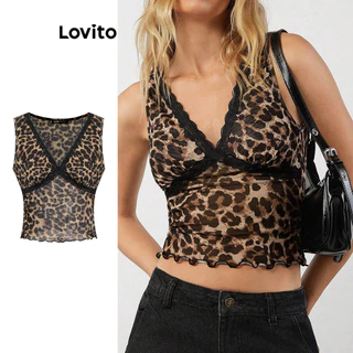 Lovito Regata feminina elegante com contraste de leopardo e gola com babados L99ED842