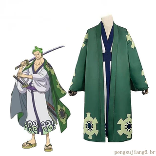 One Piece Anime Roronoa Zoro Cosplay Kimono Robe Terno Completo Cortado-volta Camada Curta Roronoa Zoro Peruca Comic Halloween Role Play 203
