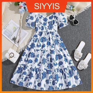 Crianças Verão 8-12 anos de idade Meninas Azul Impresso de manga curta Puff Sleeve Dress Holiday Party Estilo Coreano Temperamento Diário Casual Solto Vestido Confortável