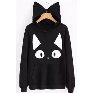 Moletom Casaco Canguru Gato Capuz Com Orelhas Feminino