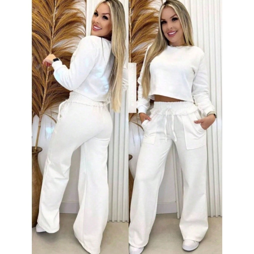 Conjunto Moleton Moletom Feminino Modelo Gringa Branco Bege | Shopee Brasil