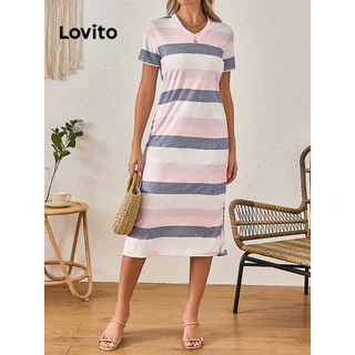 Lovito Vestido geométrico casual com listras arco-íris para mulheres LBL15403