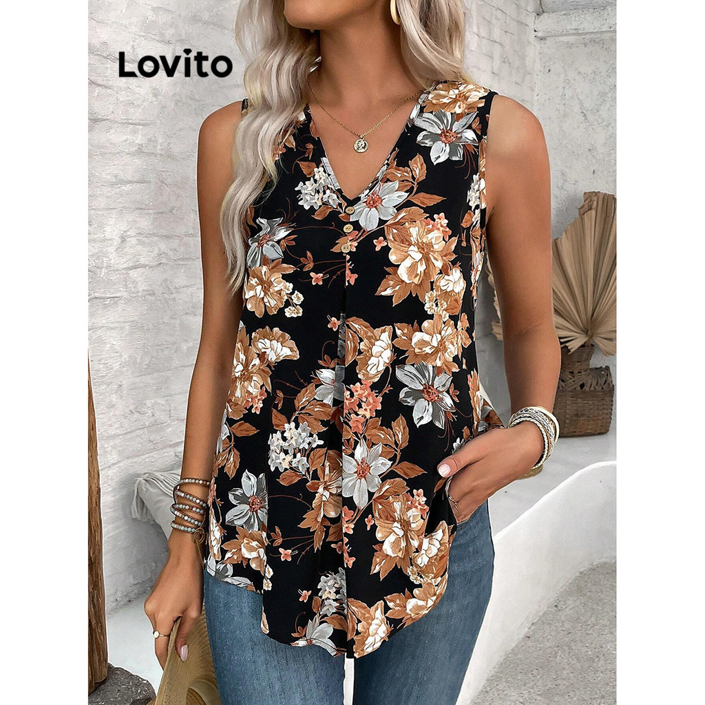 Lovito Regata feminina plissada com botões Boho Plants LBL15285