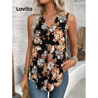 Lovito Regata feminina plissada com botões Boho Plants LBL15285