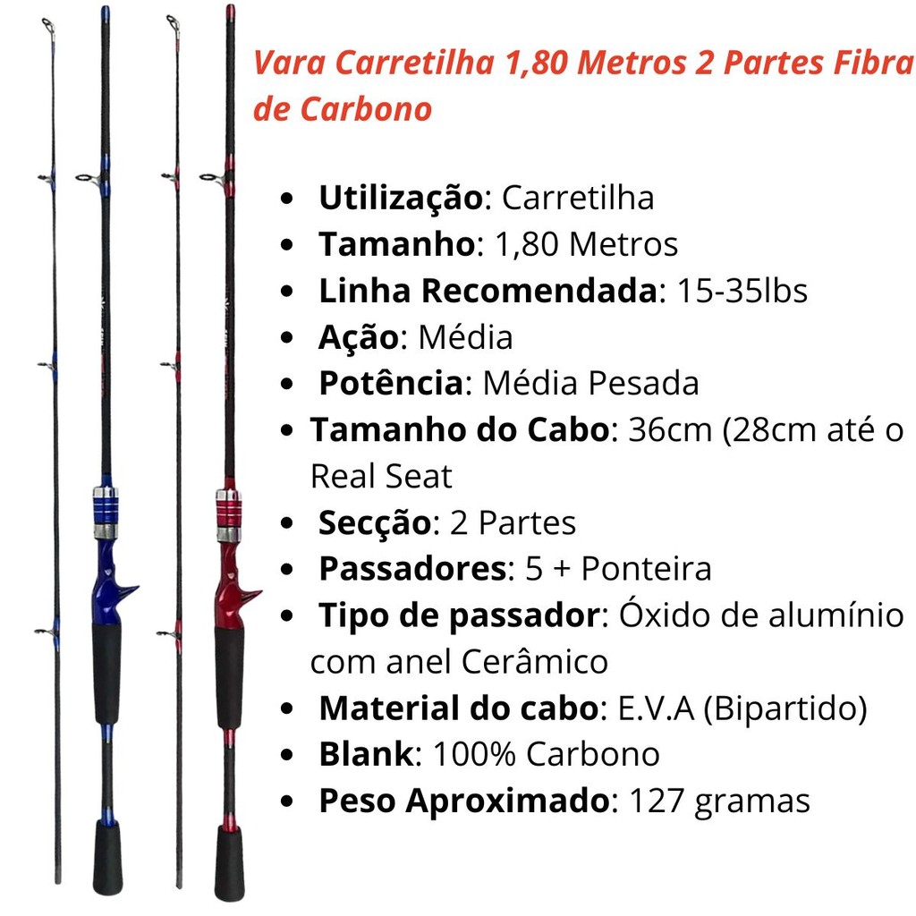 Vara para Pesca de Carretilha fibra de Carbono 8-20Lbs 1,50 Metros 2 ...