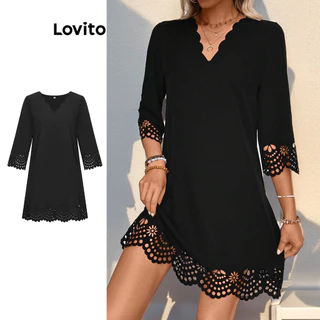 Lovito Vestido elegante bordado com ilhós simples para mulheres LBL16077