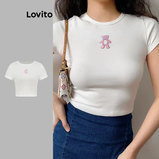 Lovito Camiseta casual com bordado liso para mulheres L98AD043