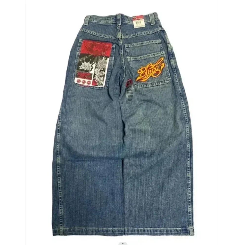 Harajuku Hip Hop Retro Crânio Gráfico Bordado JNCO Jeans Novo