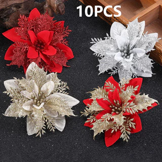 10/5/1PCS Cabeças De Flores Artificiais Com Glitter De Natal/Enfeite De Decorações Falsas De Árvore