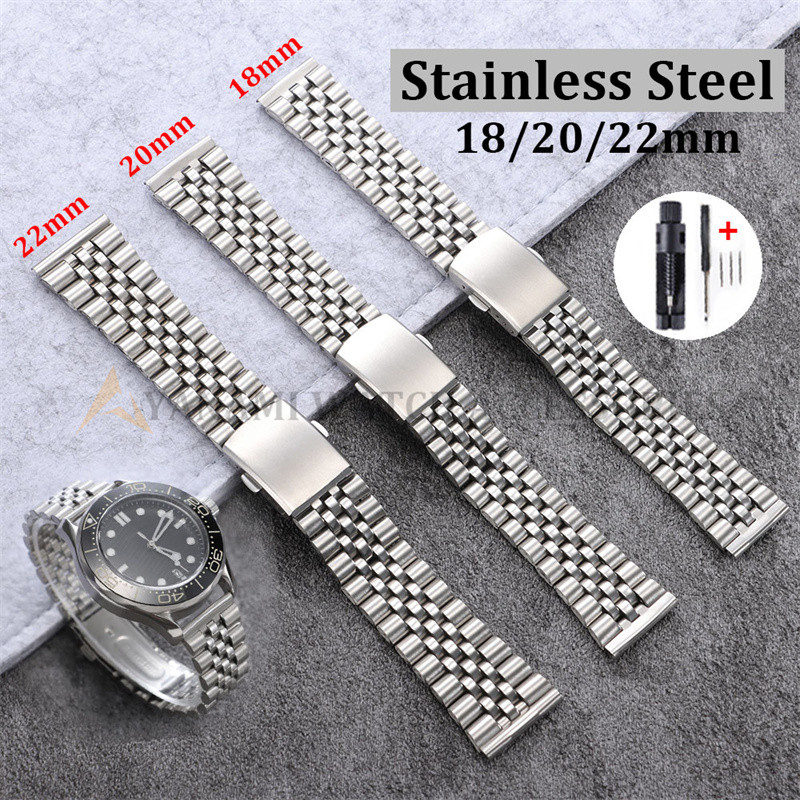 Pulseira De Relógio De Aço Inoxidável Jubileu Universal 18mm 20mm 22mm Metal De Cinco Contas Fivela Dobrável Masculina F