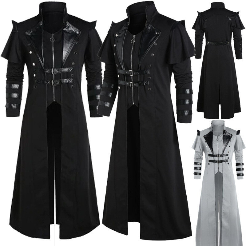 Vintage Halloween Casaco De Couro Medieval Steampunk Assassin Elf Pirata Traje Adulto Homens Preto Longo Jaqueta Dividir Gótico Armadura Casacos