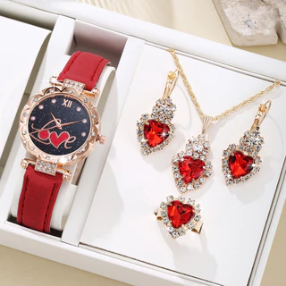 5pcs /Set Relógio Mulher Relógio Luxo Rhinestone Relógio Inglês e Conjunto 4Pcs Conjunto de Jóias Love Rhinestone, um Presente para a Mãe