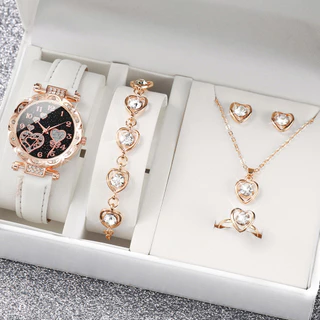 Relógio de Quartzo Fashion Diamond-studded em forma de coração para senhoras em forma de coração + Conjunto de Jóias com Diamante
