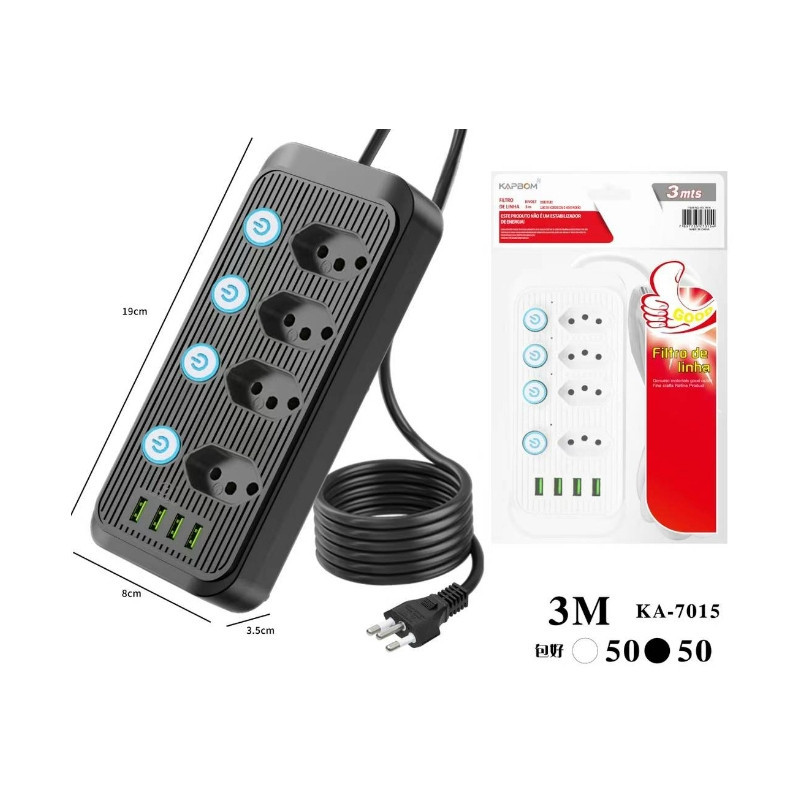 Régua Extensão 4 Tomadas E 4 Usb 4 Pd Led Bivolt 110v/220v-YX