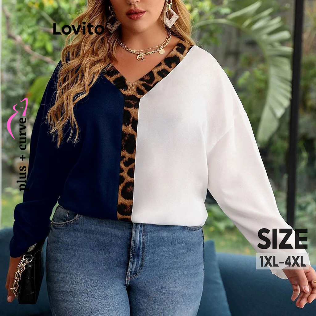 Lovito Camiseta feminina plus size curva casual com tecido leopardo e costura colorblock LNL65034