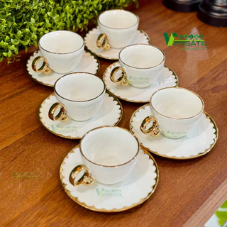 Jogo 6 Xícaras Wolff 200ml Porcelana Chá Grande Egg Dubai Gold Ouro Cantinho Grande com Píres e Alça Conjunto Kit