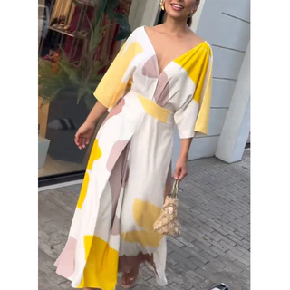 Mulheres primavera verão novo estilo elegante temperamento com decote em V vestido de cintura alta impresso saia longa