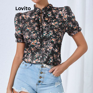 Lovito Blusa elegante Ditsy floral com renda e flores para mulheres LBL16325