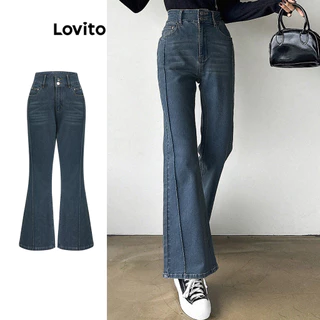 Lovito Jeans casual liso lavado com estrutura de linha para mulheres L100MD119