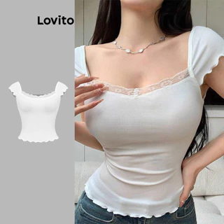 Lovito Camiseta feminina fofa com babados e renda lisa L102AD040