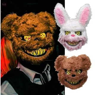 Halloween LED Assustador Coelho Máscara De Cabeça De Pelúcia Sangrenta Para Cosplay Brilhante Traje Adereços Festa De