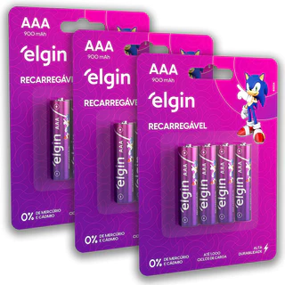 Pilha Recarregavel AAA Elgin Bateria 3A 900mAh Palito kit 12 unidades