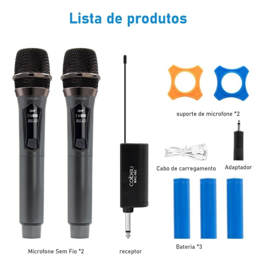 Microfones Sem Fio Profissional Duplo Recarregável Digital Karaokê igreja Palestra Bar Cor Preto