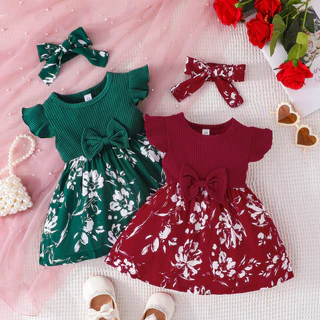 Vestido Floral Princesa Estilo Coreano Manga Borboleta para Crianças 3-24 Meses